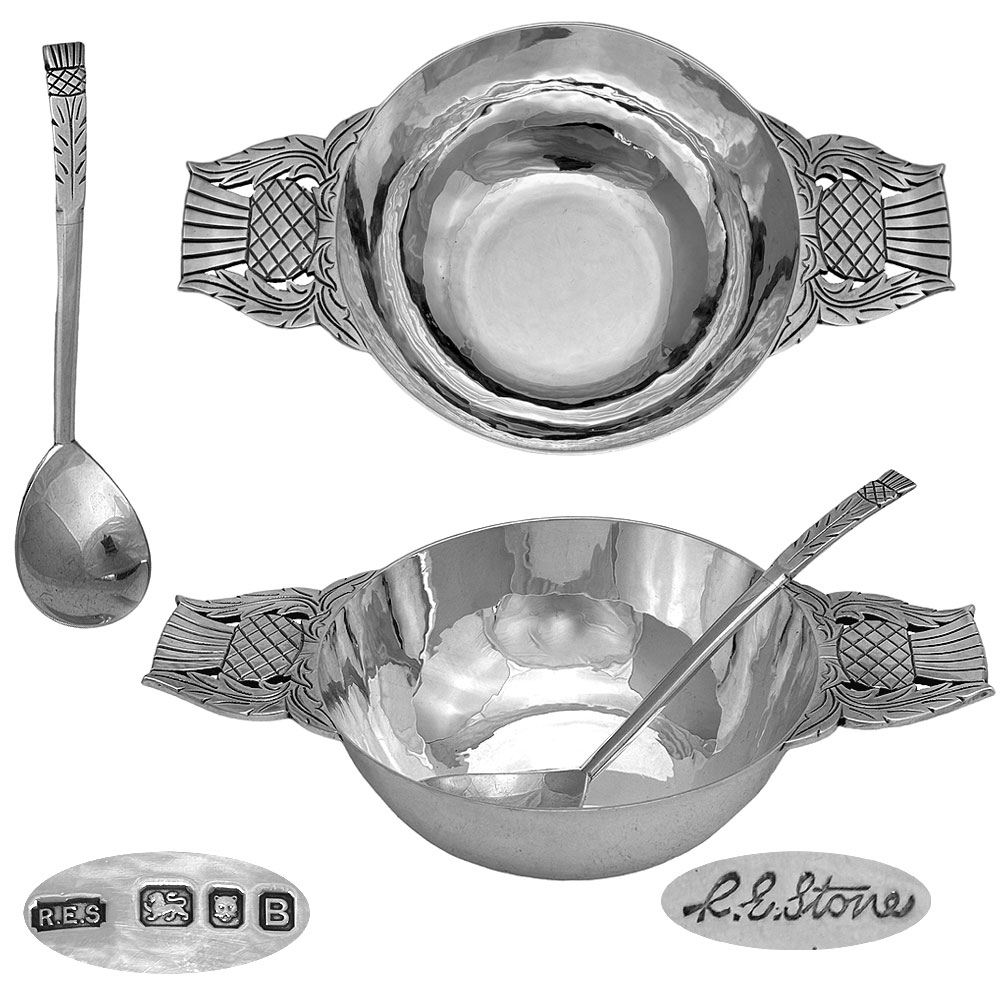 Sterling Silver Quaich and Spoon R E Stone  1937